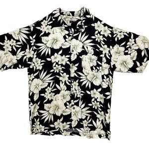 Tommy Bahama Black Floral Print 100% Silk Men's Short Sleeve Hawaiian Shirt M